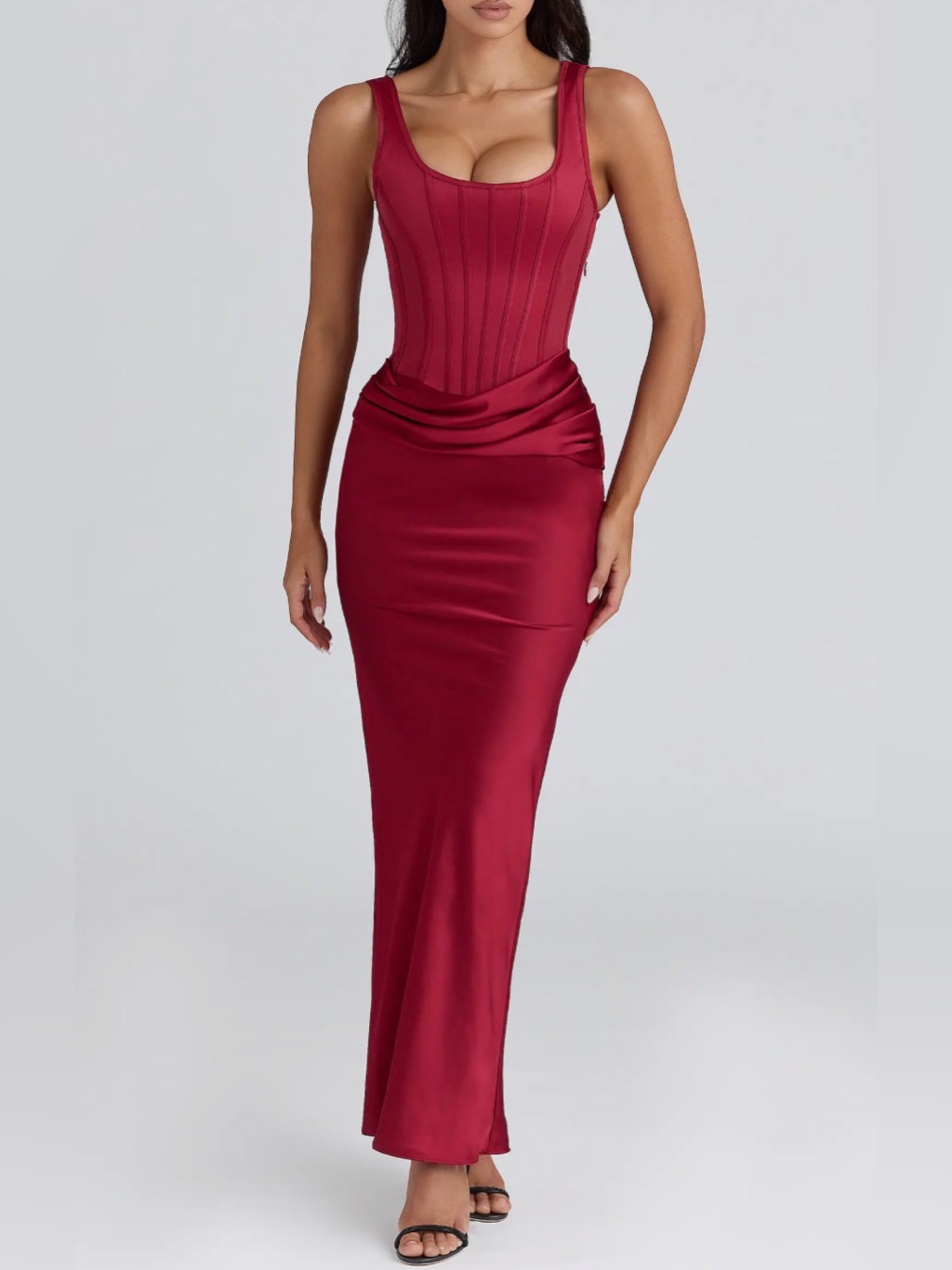 House Of Cb “Kira” Satin Burgundy Corset Maxi Dress Medium